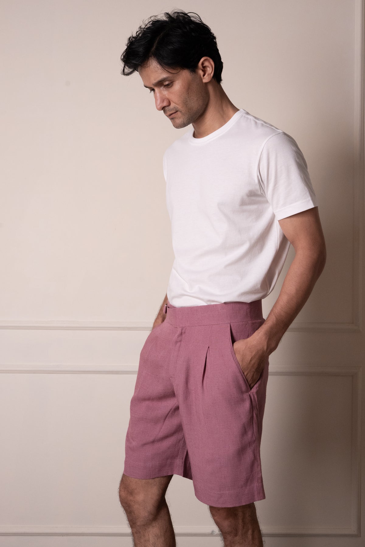 Pink Linen Blend Shorts