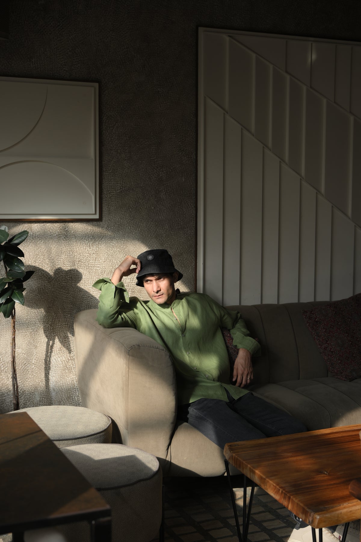 Olive Mandarin Shirt lifestyle