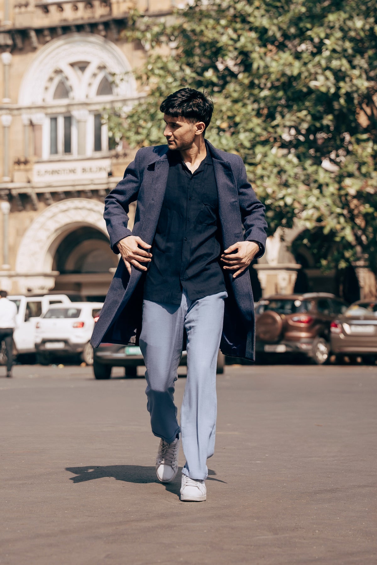 Classic Dark Navy Long Coat lifestyle