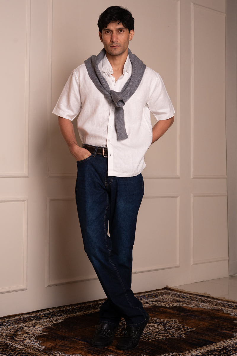 White Herringbone Short-sleeve Shirt