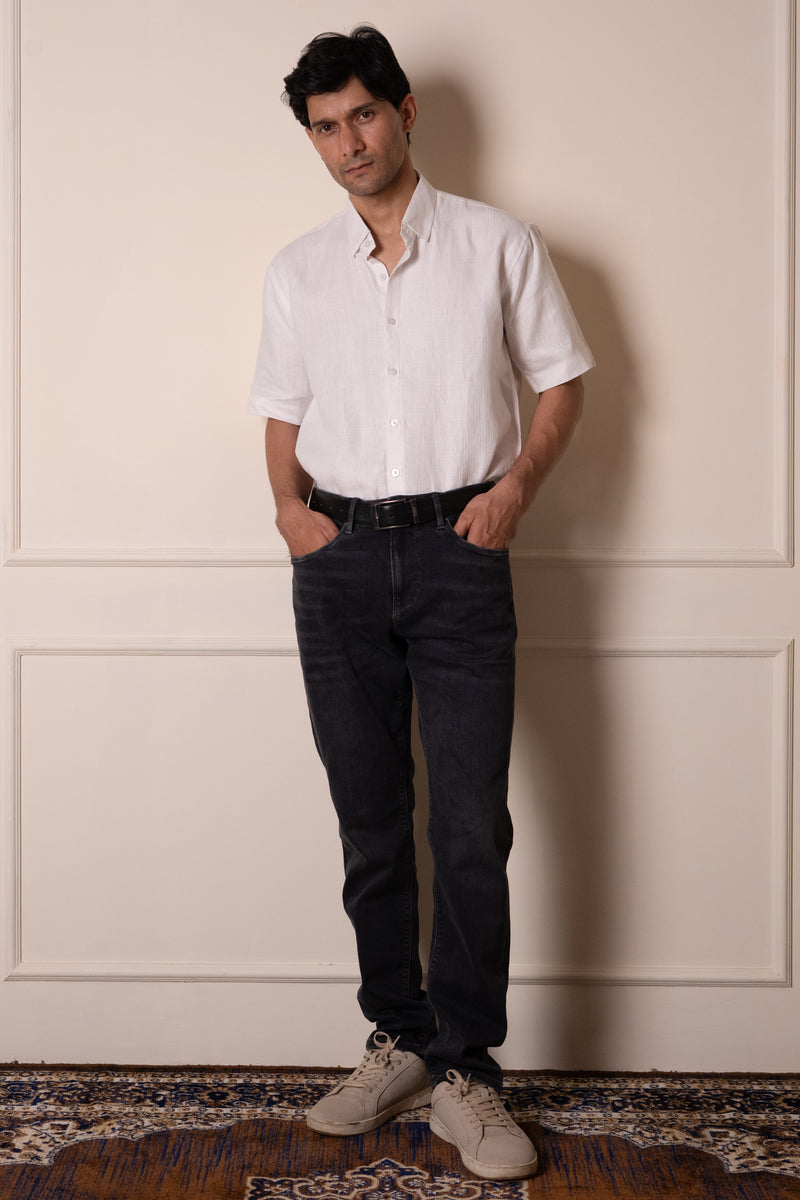 White Herringbone Short-sleeve Shirt