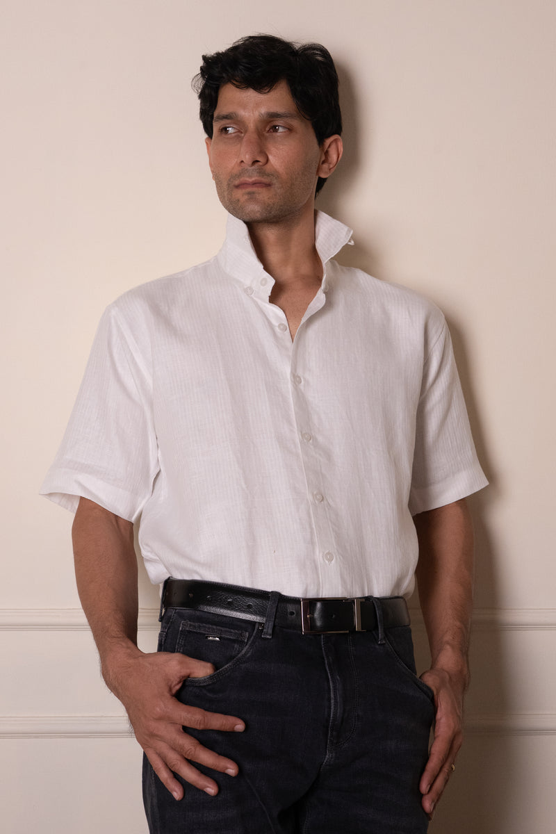 White Herringbone Short-sleeve Shirt