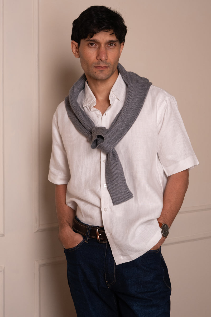 White Herringbone Short-sleeve Shirt